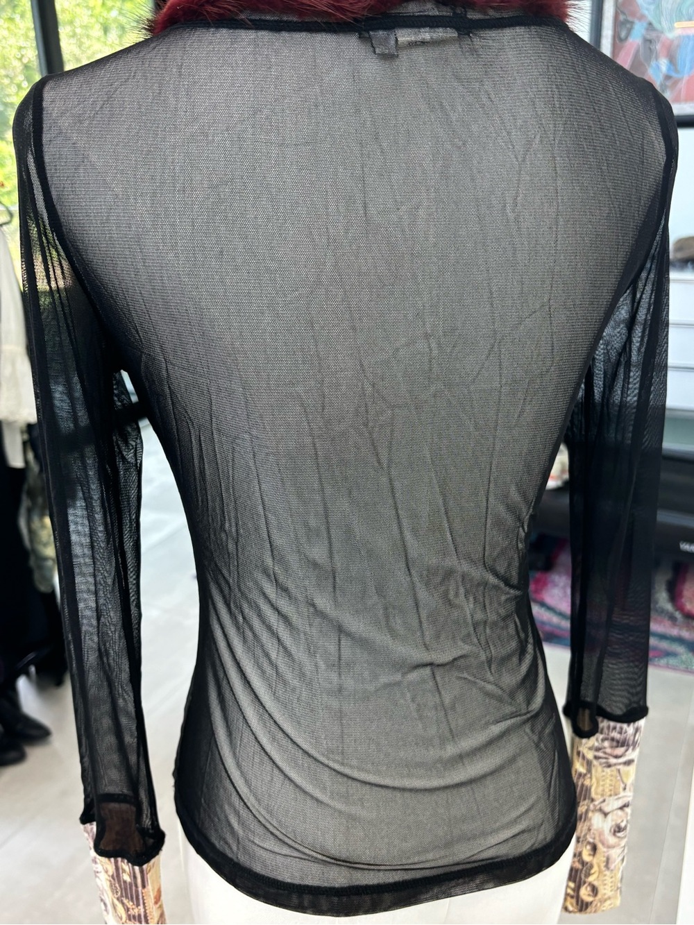Alberto Makali Black Mesh Long-Sleeve Top with Burgundy Trim and Pink Rose Panel - Picture 2 of 5